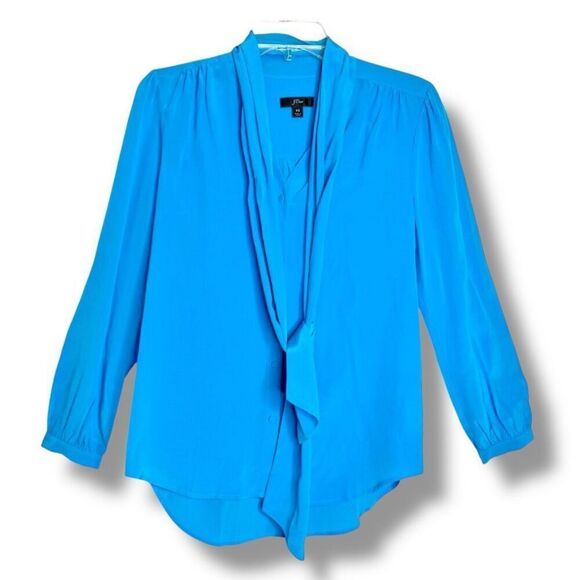 J. Crew Tie-neck Button Blouse Re-Imagined Silk Turquoise Blue Women’s Size XS - Picture 2 of 9